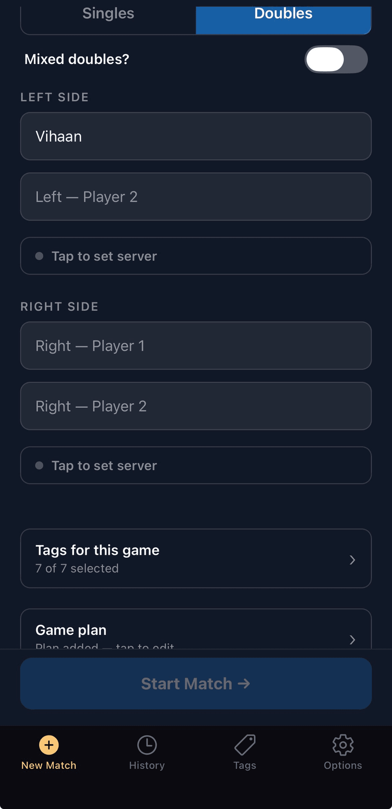 Setting up a new doubles match in ShuttleScorer