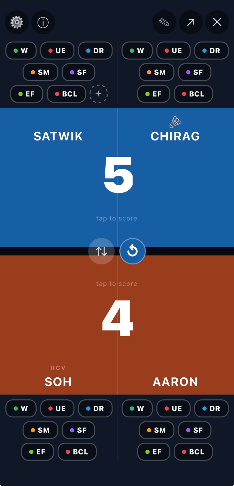 ShuttleScorer scoring a live doubles match